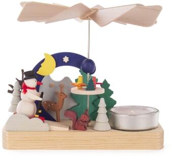 Pyramide mit Schneemann und Teelicht bunt aus Holz von Dregeno, winterliche Szene mit Mond, Bäumen