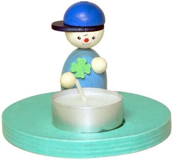 Geburtstagsfigur – liebevoll gestalteter Tommi mit Teelichthalter, farbenfroh blau-gelb bemalt –