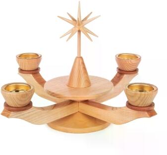 Adventsleuchter naturbelassen aus Holz mit filigranem Stern und vier geschwungenen Armen für