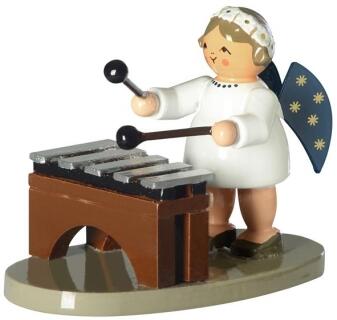 Miniaturfigur Engel mit farbenfrohem Xylophon und goldverzierten Flügeln aus Holz von KWO