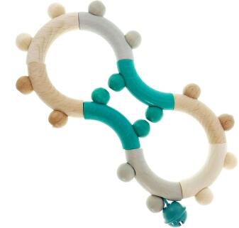 Motorikrassel – farbenfrohe und ergonomische Acht mit kleiner Glocke türkis und natur – BxHxT 8 x