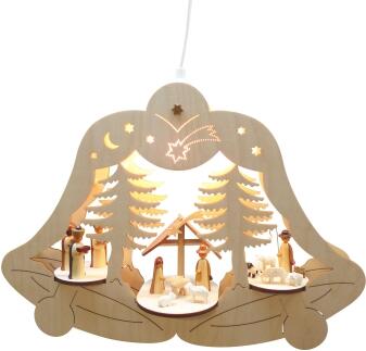 Fensterbild el. bel. Glocke, beleuchtet mit Geburt, Schäferei und Könige natur BxHxT 37x28x10cm