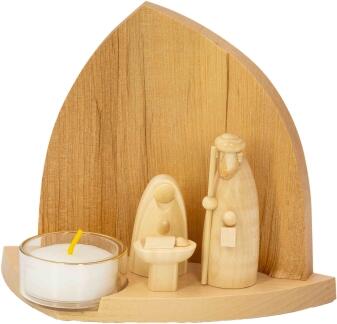 Leuchterkrippe – Heilige Familie mit Felsenrückwand und Teelicht naturbelassen – BxHxT 15x11x7cm