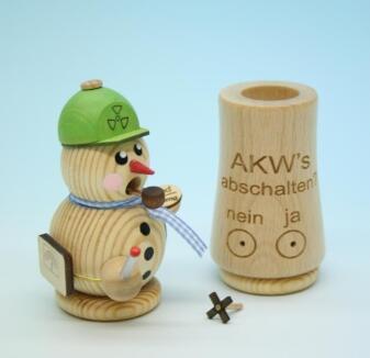 Räucherfigur – liebevoller Schneemann mit grünem Helm und Atommeiler, naturfarben – H = 8 cm