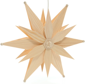 Fensterschmuck - filigraner Kiefernstern mit elektrischer Beleuchtung, Holzsegmenten und Rosette,