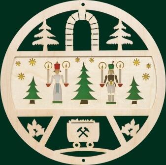 Fensterbild – detailreicher Engel und Bergmann mit traditionellen Bergbaumotiven, farbenfroh – BxH =