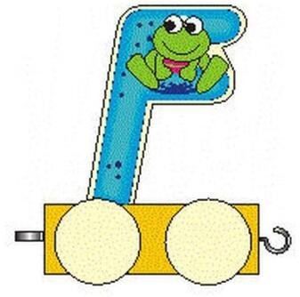 Holzbuchstabe F als bunter Buchstabenwagen mit fröhlichem Froschmotiv und Rollen von Hess Holz