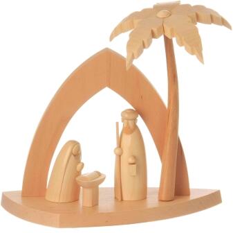 Bogenkrippe – Heilige Familie mit geschwungener Palme naturbelassen – BxHxT 15x14x6cm