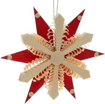 Christbaumschmuck – filigraner Spanstern mit roten Holzsegmenten, naturbelassenes Lindenholz - BxHxT