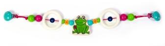 Kinderwagenkette – fröhlicher Frosch mit bunten Perlen und klingenden Glöckchen, handgefertigt –