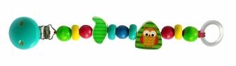 Schnullerkette – fröhliche Eule mit bunten Holzelementen, liebevoll gestaltet – BxHxT = 3,5 x 21 x 2