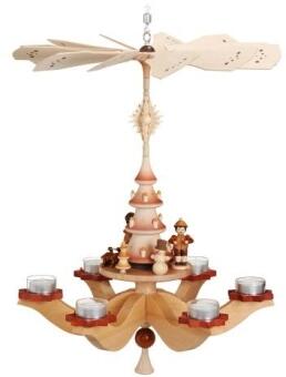 Hängepyramide Winterkinder mit Schneemann naturbelassen aus Holz von Zeidler Holzkunst, 37 cm, mit