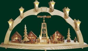 Schwibbogen traditioneller Weihnachtsmarkt mit detailreicher Pyramide aus Holz, beleuchtet,