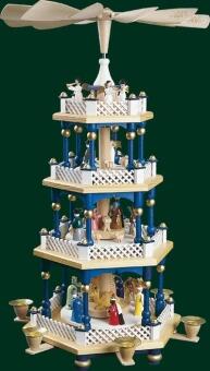 Tischpyramide Geburt Christi mit Engeln und bunten Figuren, 3-stöckige Holzpyramide von