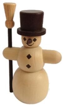 Miniaturfigur natürlicher Schneemann handgefertigt in Naturholz mit Besen und schwarzem Zylinder von