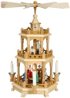 Pyramiden für Kerzen – farbenfrohe Weihnachtspyramide Christi Geburt aus Holz von Frank Weber