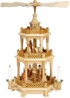 Pyramiden für Kerzen naturfarbene Weihnachtspyramide Christi Geburt aus Holz von Erzgebirgische