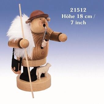 Räuchermann detailreicher Schäfer mit Stab und geschnitztem Schaf im braunen Mantel aus Holz von KWO