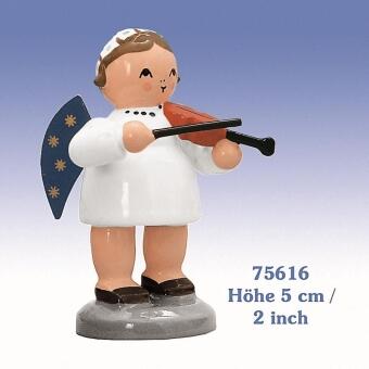 Miniaturfigur Engel mit Geige im weißen Kleid und blauen Flügeln mit goldenen Sternen aus Holz, KWO