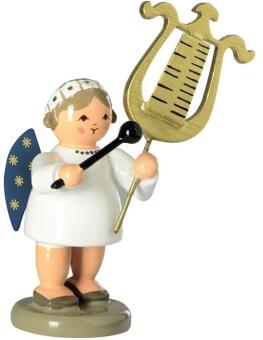 Miniaturfigur Engel mit Glockenspiellyra aus Holz in weiß, blau und gold von KWO Kunstgewerbe