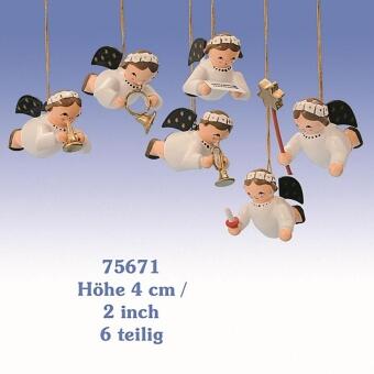 Miniaturfigur Schwebeengel mit weißen Kleidern und blauen Flügeln, 6-teilig aus dem Erzgebirge von