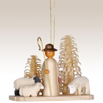 Christbaumschmuck Schäferei auf Sockel aus Holz mit Schäfer, Schafen und Bäumen von Peter Ulbricht,