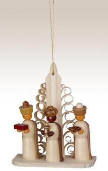 Christbaumschmuck Heilige drei Könige naturbelassen aus Holz mit Geschenken und filigranem Baum von