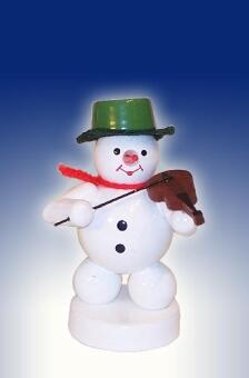 Schneemann Musiker mit Geige und grünem Hut, handbemalte Holzfigur von Fa. Volker Zenker