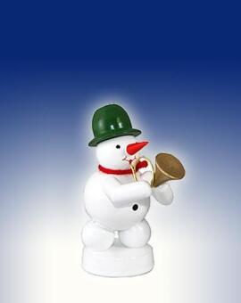 Schneemann Holzfigur mit Horn und grünem Hut, farbenfroh bemalt, aus dem Erzgebirge von Volker
