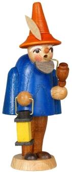 Vitrinenfigur Wichtel mit blauem Mantel, rotem Hut, Laterne und Hirtenstab aus Holz von Jan Stephani