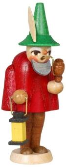 Vitrinenfigur Wichtel mit Pfeife und Laterne, roter Mantel und grüner Hut aus Holz von Jan Stephani