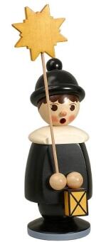 Miniaturfigur Kurrendekind mit Stern aus Holz, rot gekleidet, von Erzgebirgische Volkskunst
