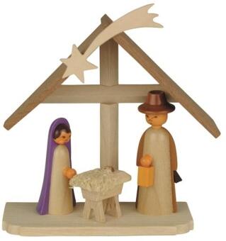 Miniaturfigur – Christi Geburt auf Sockel bunt aus Holz mit Maria, Josef und Krippe unter Stern von