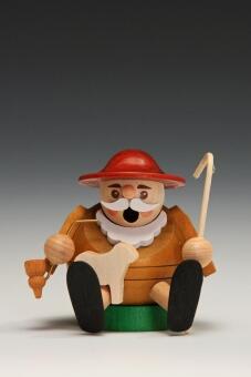 Räuchermann detailverliebter Schäfer mit rotem Hut, brauner Jacke und Hirtenstab aus Holz,
