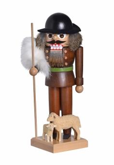 Nussknacker traditioneller Schäfer mit Hirtenstab und Schaf, handbemalte Holzfigur von KWO Olbernhau
