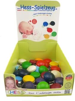 Babyspielzeug Display mit 28 bunten Holzclipsen von Hess Holz Spielzeug, farbenfrohe