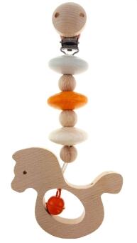 Wagenanhänger spielerisches Pferd in Orange und Natur aus Holz mit Perlen und Glöckchen von Hess