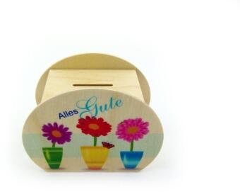 Spardose aus Holz mit fröhlichem Blumendesign und Schriftzug Alles Gute von Hess Holz Spielzeug,