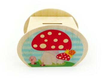 Spardose aus Holz mit fröhlichem Pilzmotiv und kleiner Schnecke von Hess Holz Spielzeug, 11,5 cm