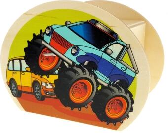 Spardose aus Holz mit fröhlichem Monstertruck-Motiv und buntem Design von Hess Holz Spielzeug, ca.