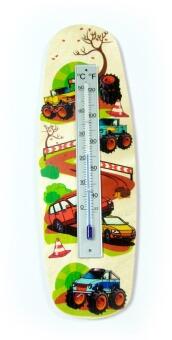 Holzthermometer mit buntem Monstertruck-Design von Hess Holz Spielzeug, farbenfrohe Fahrzeuge und