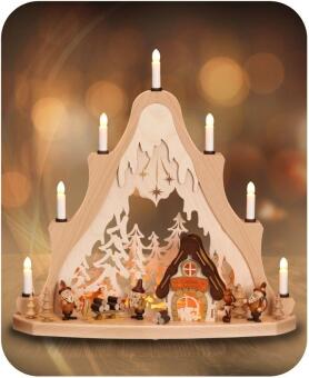 Schwibbogen Lichterspitze mit Wichtel naturbelassen aus Holz, Waldszene mit Häuschen und Figuren von
