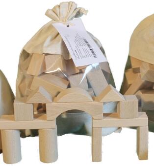 Holzspielzeug naturbelassener Baubeutel mit Holzbausteinen 30 tlg von Erzgebirgische Holzspielwaren