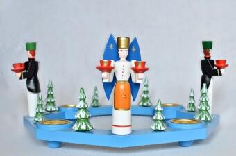 Lichterkranz blau gestalteter Adventskranz aus Holz mit Engel und Bergmann sowie Teelichterhaltern