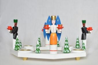 Lichterkranz aus Holz mit Engel, Bergmann und grünen Bäumen, weißer Tischkranz mit 4 Teelichtern von