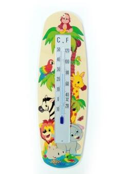 Holzthermometer mit bunten Dschungelmotiven, Affe und Papagei sowie Giraffe, Löwe und Elefant von