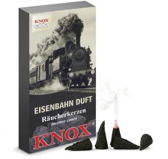 Räucherkerzen Eisenbahn-Duft von Großhandel Dregeno, dunkelgraue Kegel vor Verpackung mit