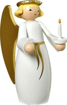 Engel – himmlisch und detailreich mit goldener Kerze, mehrfarbige Holzfigur aus dem Erzgebirge von