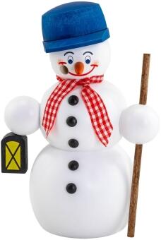 Räucherfigur Schneemann Wanderer mit Melone, Schal und Wanderstab aus Holz von Seiffener Volkskunst