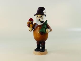 Räuchermann – detailreicher Wichtel mit Vogel, roter Mütze und Baum, naturfarben aus Holz von